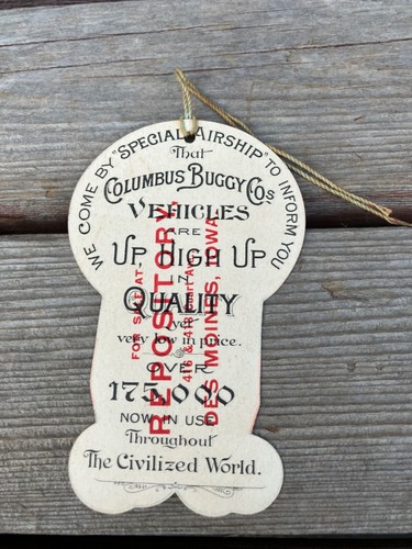 RARE VTG TRADE CARD COLUMBUS OHIO BUGGY CO. HOT AIR BALLOON BUGGY FLAGS DIE CUT - Picture 2 of 2