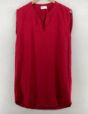 ALLEN ALLEN Dress S Linen Shift Tunic Mini Split Neck Dolman Sleeveless Red