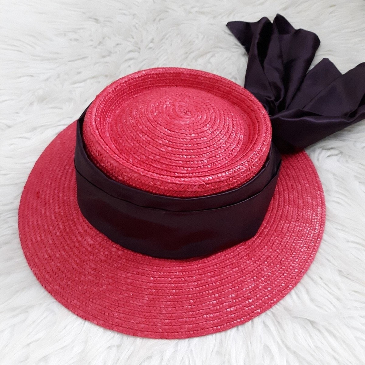 Vintage Betmar NY Pink Straw Purple Satin Bow Hat | eBay display picture 2