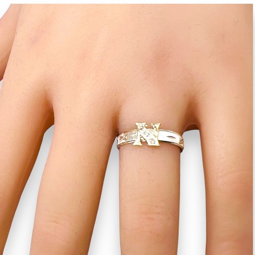 Diamond Initial Letter N 10k Yellow Gold Sterling Silver 3mm Cut Band Ring 6.25 - Picture 13 of 13