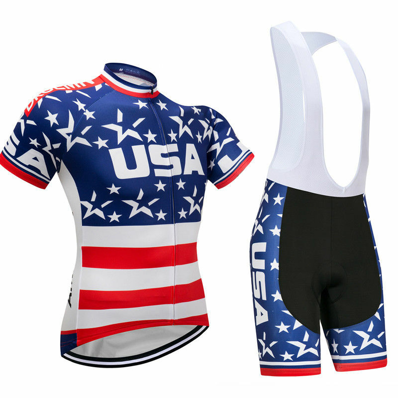 Mens Cycling Jersey Bib Short Kit Bicycle Bike Shirt Team USA Flag