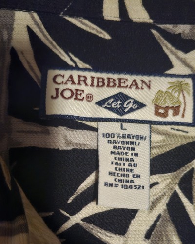 Camicia vintage CARIBBEAN JOE nera palma hawaiana bevanda tropicale salotto uomo L - Foto 3 di 4