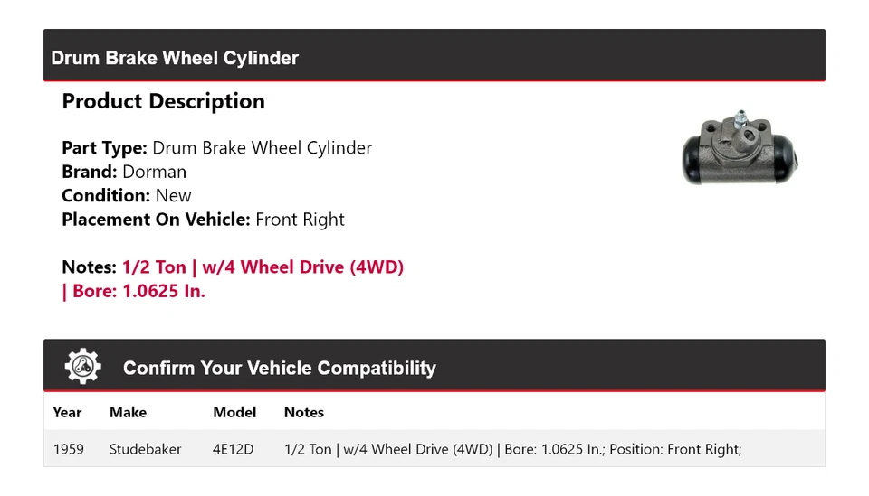 For 1959 Studebaker 4E12D Dorman Drum Brake Wheel Cylinder Front Right - Image 2 of 3