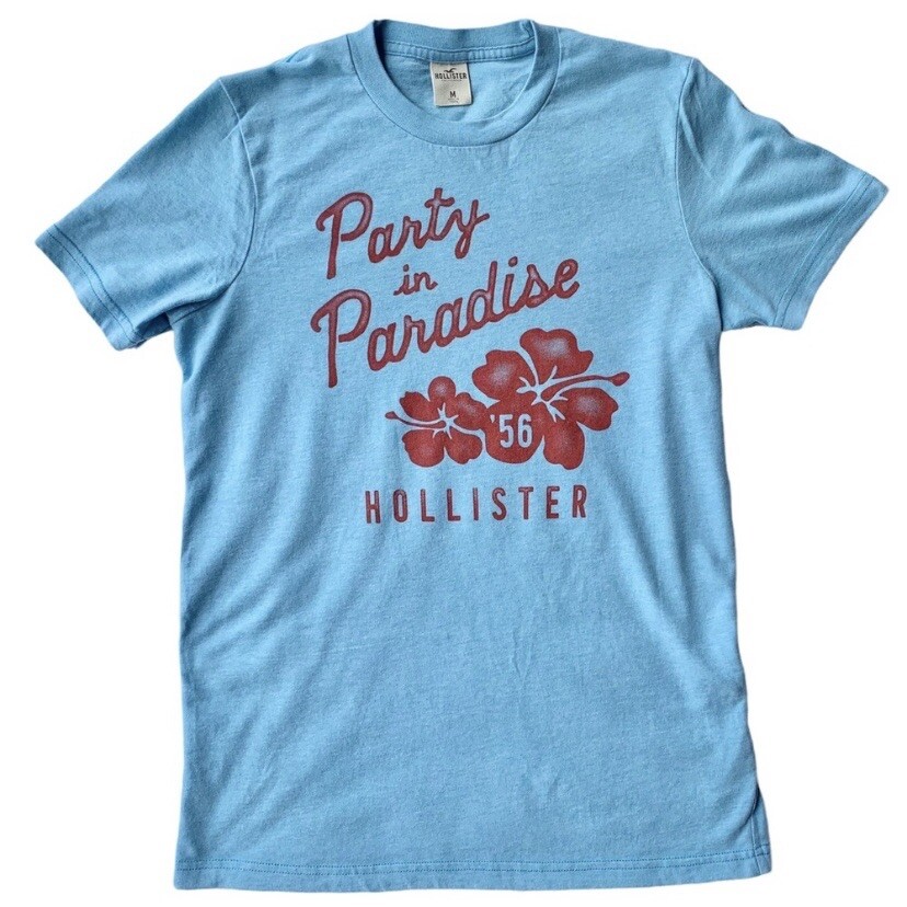 Hollister Men's T-Shirt Blue Heathered Red Party In Paradise Short Sleeve