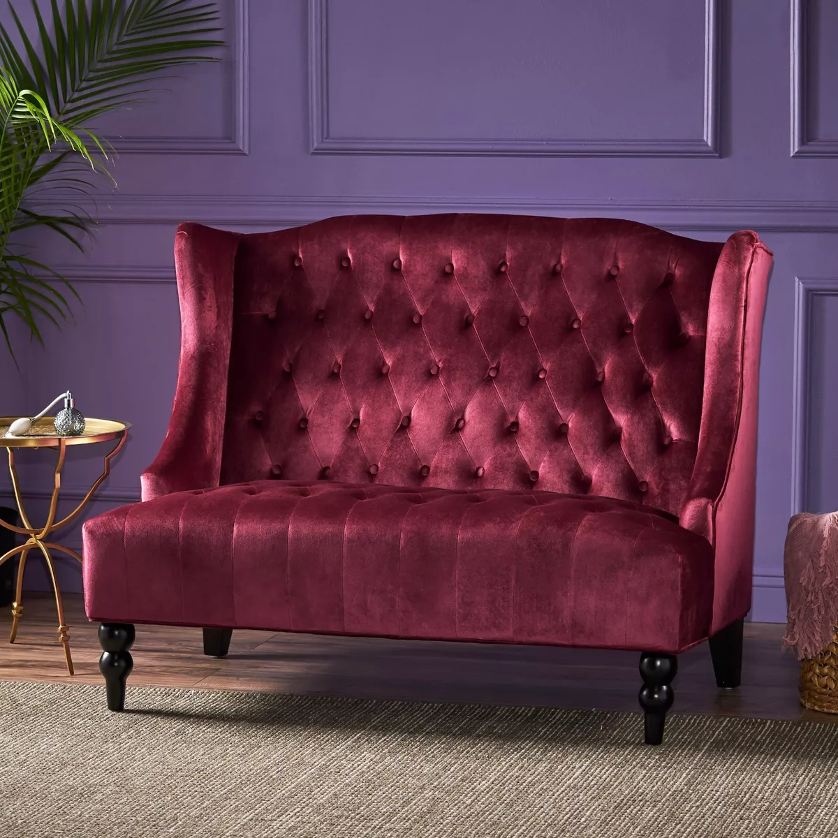 Leona Traditional High Back Tufted Winged Fabric Loveseat