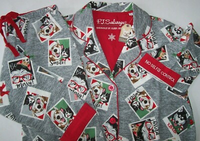 NWT PJ Salvage WARM Gray/Red NO SELFIE CONTROL Dog Pics Flannel Pajama Set XS