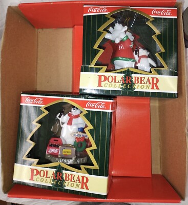2 Vintage Coca-Cola Polar Bear Collection Christmas Ornaments - 1998