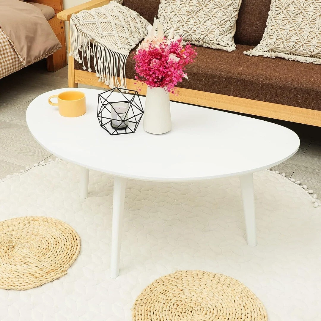 Small White Oval Coffee Table for Living Room Mid Century Modern