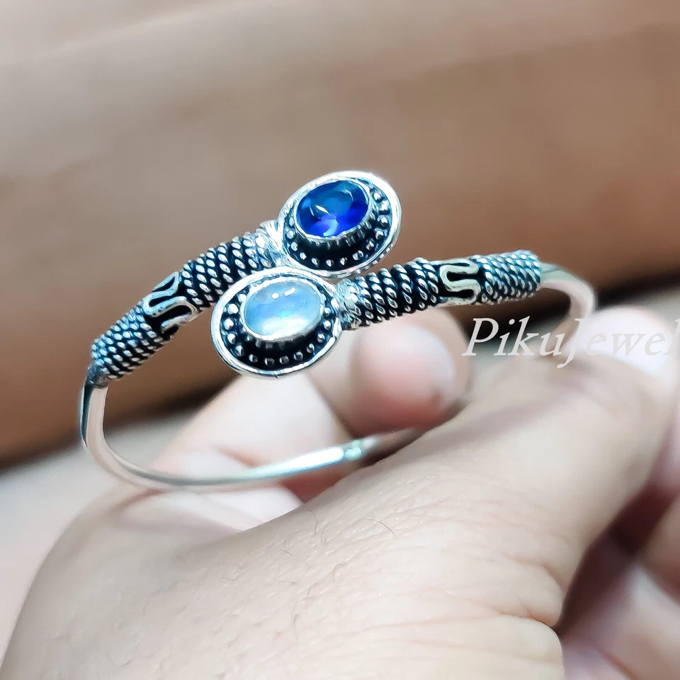 Brazalete brazalete de plata de ley 925 con piedras preciosas de luna y tanzanita para función Foto 3 de 4