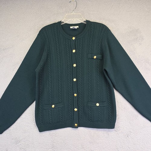 Vintage Talbots Cardigan Womens L Green Merino Wool Cable Knit preppy Old Money - Picture 4 of 12