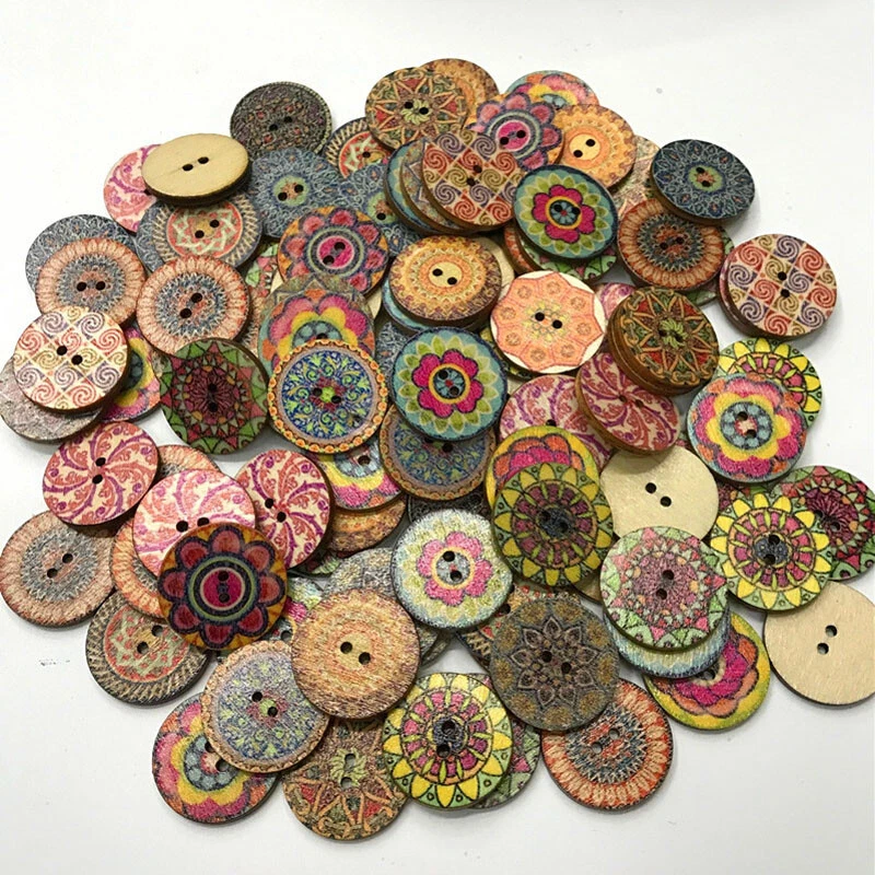 100Pcs 2 Holes Mixed Printing Round Pattern Wood Buttons Scrapbooking 15-25mm UK - Image 2 of 4