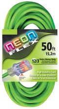50' 12 Gauge Fluorescent/Neon Lime Green Extension Cord w/Lighted End (UL)