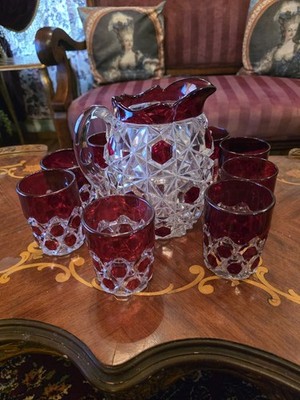 Vtg EAPG Ruby Red Flashed Block #250 Pitcher W/ 9 Glasses