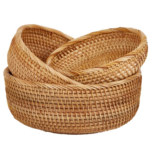 Natural Rattan Round Fruit Basket Bowls, Hand Woven Decor Serving Baskets, Wi... - Bild 1 von 6