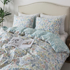 Floral Cotton Queen Duvet Cover Set with Zipper  Corner Ties - All Season Use