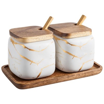 2 Sets of Marble Ceramic Sugar Bowl Ceramic Seasoning Jars with Wooden Lid an...