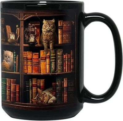 15oz Cat Book Mug Book Lover Gift Bookish Coffee Cup for Readers and Bookworms