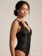 Victoria's Secret Black Lace Sheer Floral Bodysuit One Piece Bow Size S