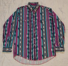 Vintage 90s Wrangler Western Brush Popper Shirt sz 16/34 Aztec Pink Turquoise