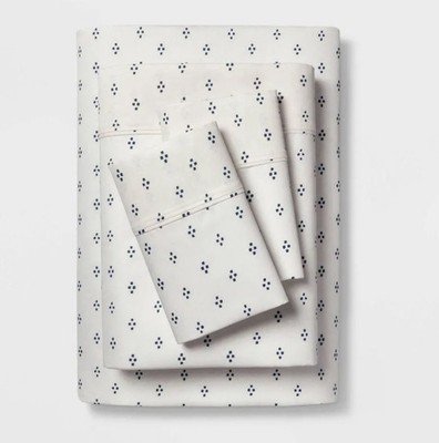 Threshold FULL Size Performance 400 - 100% Cotton Sheet Set White Blue Dots NEW!