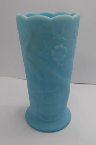 Fenton PEACOCK Vase Blue Satin Glass 8527 .. 7.5" Tall