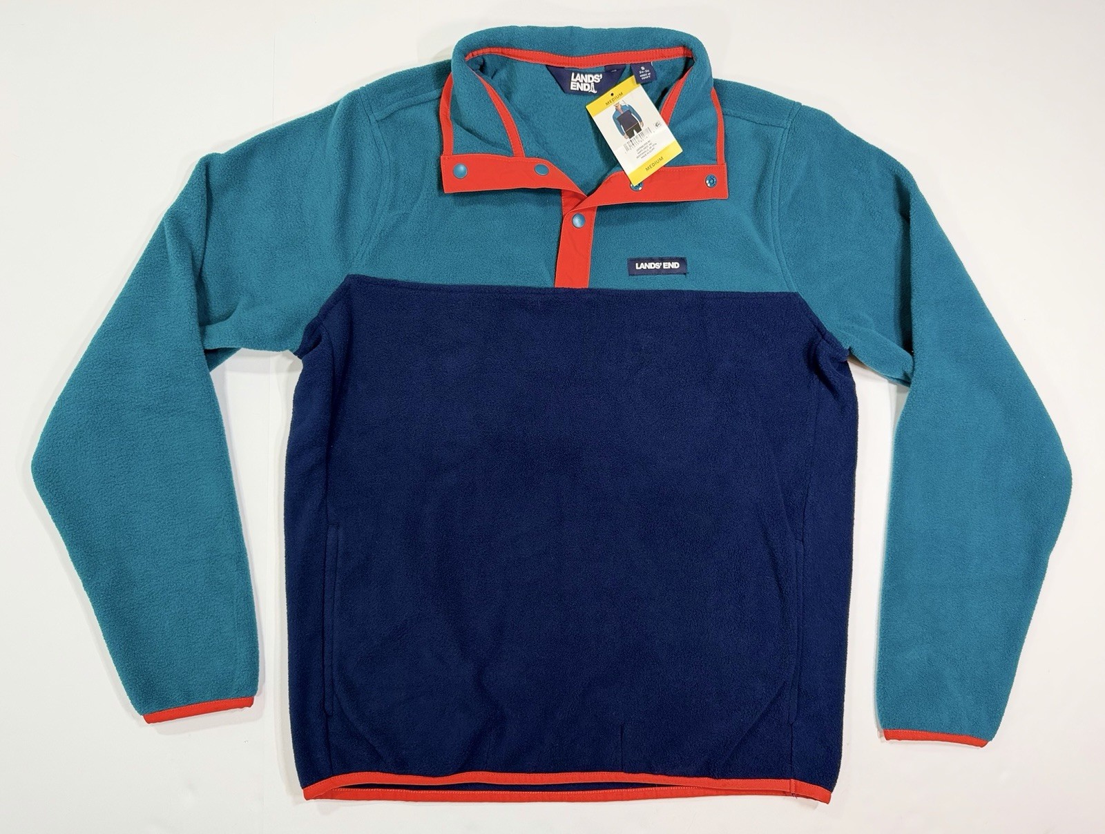 NWT Lands End Heritage Fleece Men’s Small Blue Color Block Pullover Snap