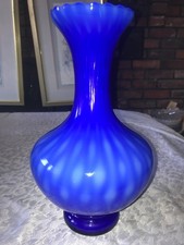 MCM Rare MURANO Cased GLASS Blue/White OPTIC Bulbous CURVY 13" Tall COBALT VASE