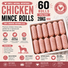 Frozen Dog Food Chicken Mince 60 x 454g chubs 28kg box. BARF RAW DIET Delivered