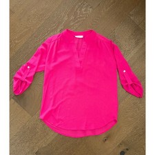 Entro Hot Pink Roll Tab Sleeve V-Neck Blouse Top Small Style 3247 Made in USA