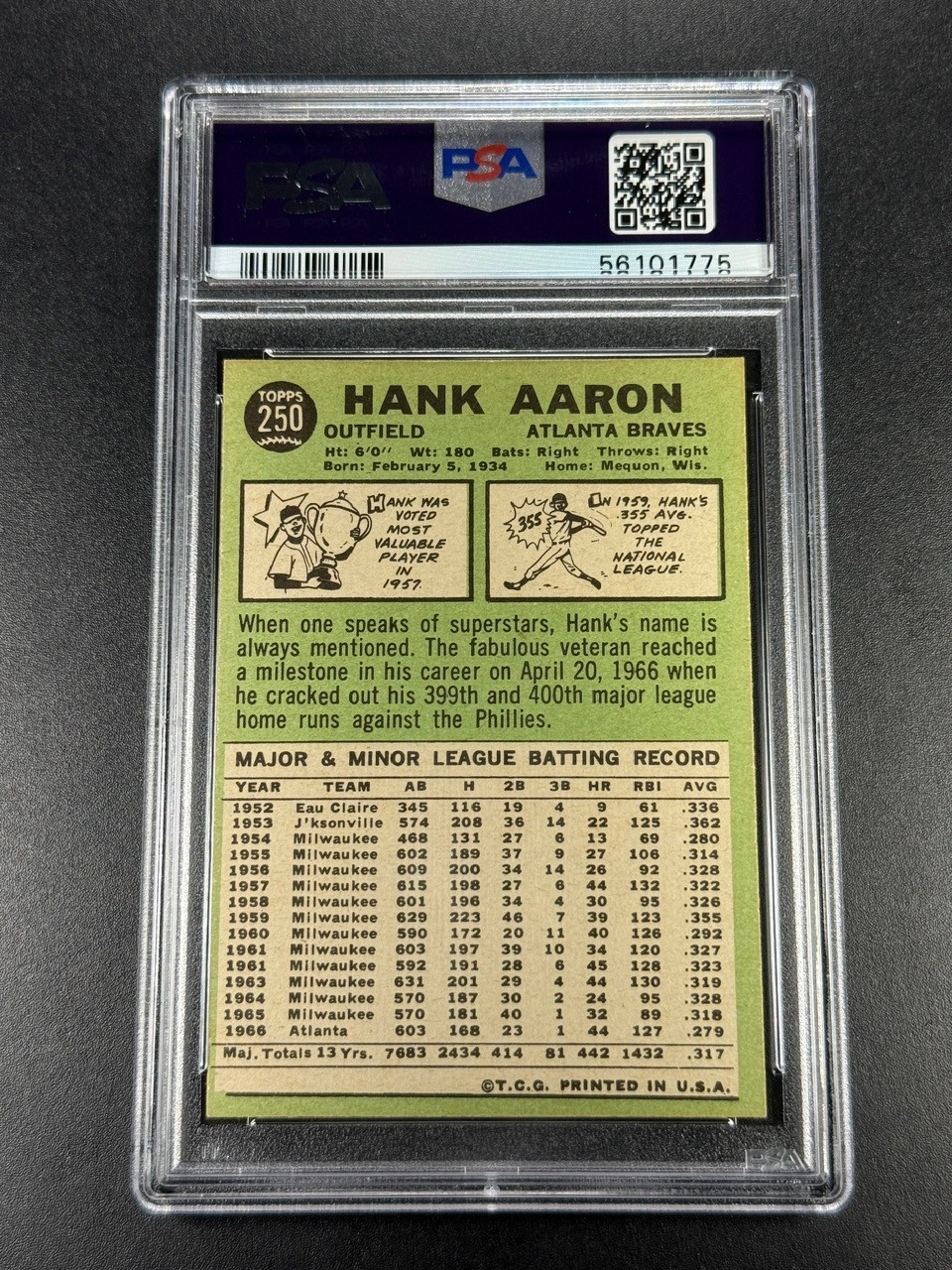 HANK AARON 1967 TOPPS #250 VINTAGE CARD NEAR MINT PSA 7 ATLANTA BRAVES MLB HOF view 2