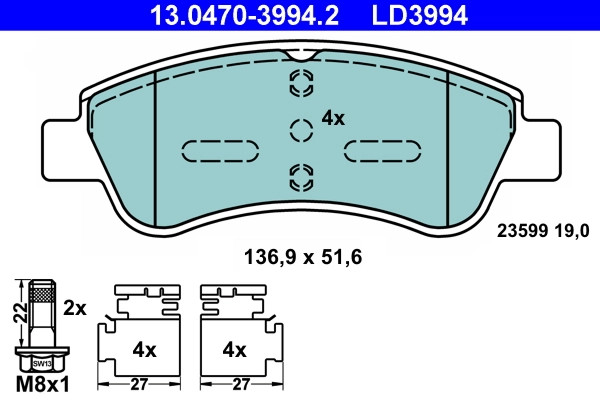 Plaquettes de frein ATE 13.0470-3994.2 sans sifflement pour disques Citroën