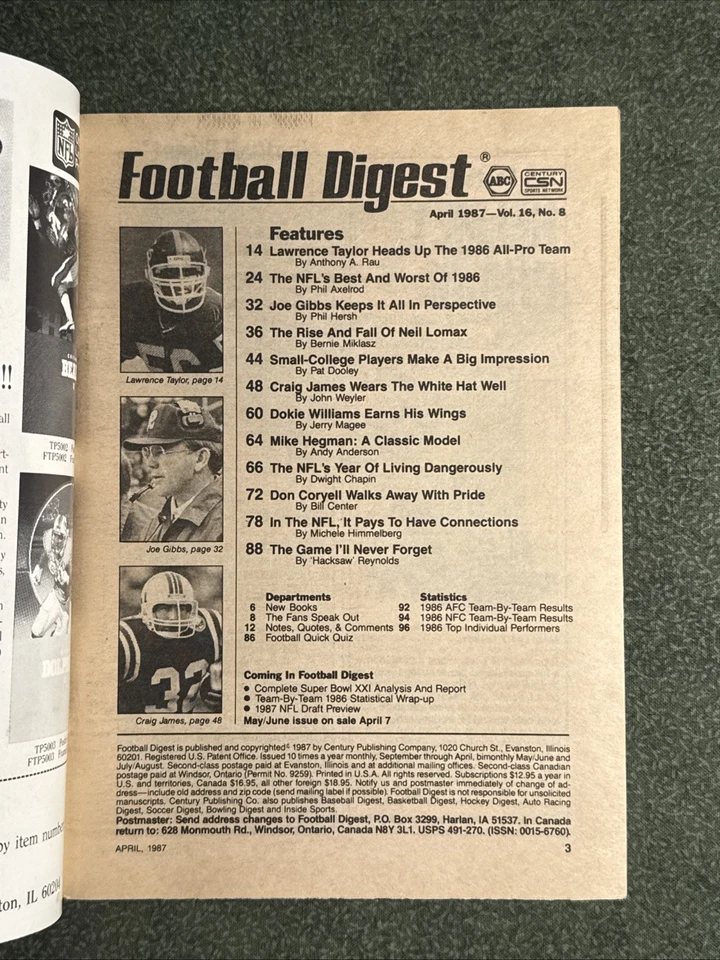 Revista Football Digest de abril de 1987 NFL New York Giants Lawrence Taylor Foto 2 de 2