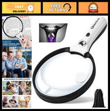 Large Illuminated Magnifying Glass with 3 LED  UV Light, Handheld Magnifier for
