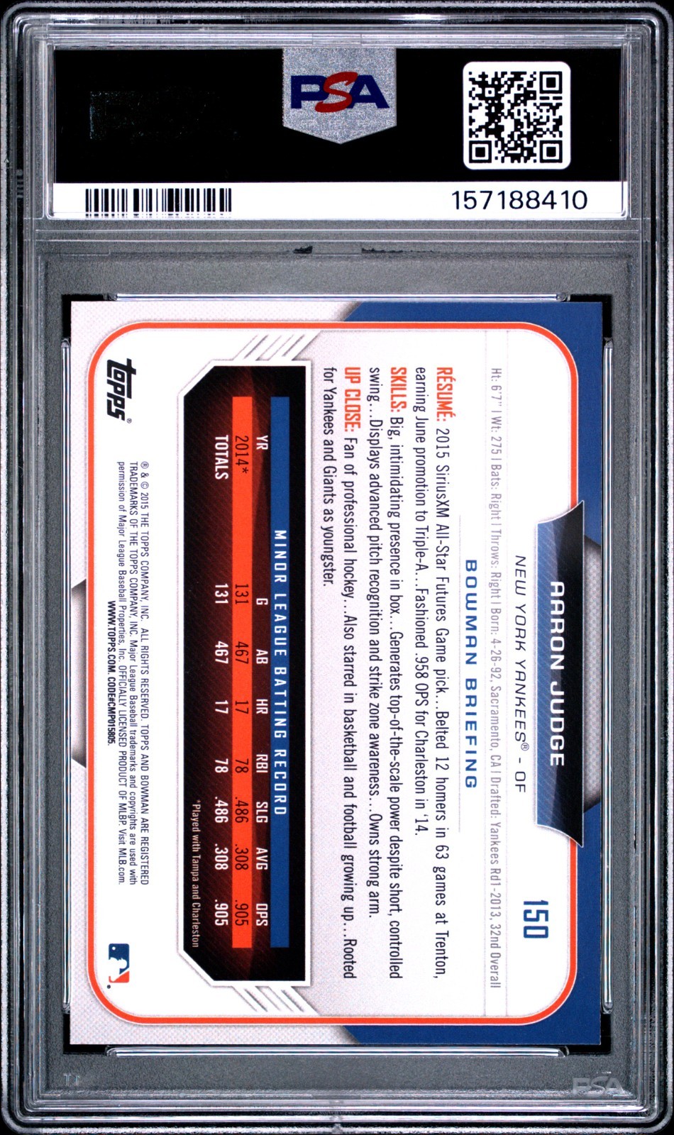 2015 Bowman Draft - Aaron Judge #150 (RC) - PSA 10!! view 2