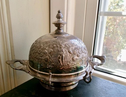 Antique 1880s Wilcox Silver Plate Aesthetic Movement Domed Butter Dish Cherubs