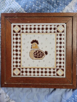 Vintage Piemme Tile Trivet Wood Frame Country Chicken Farmhouse Made in Italy