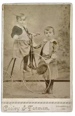 Rare Antique Cabinet Card Photo Big Wheel Tricycle Children Tatman Connersville