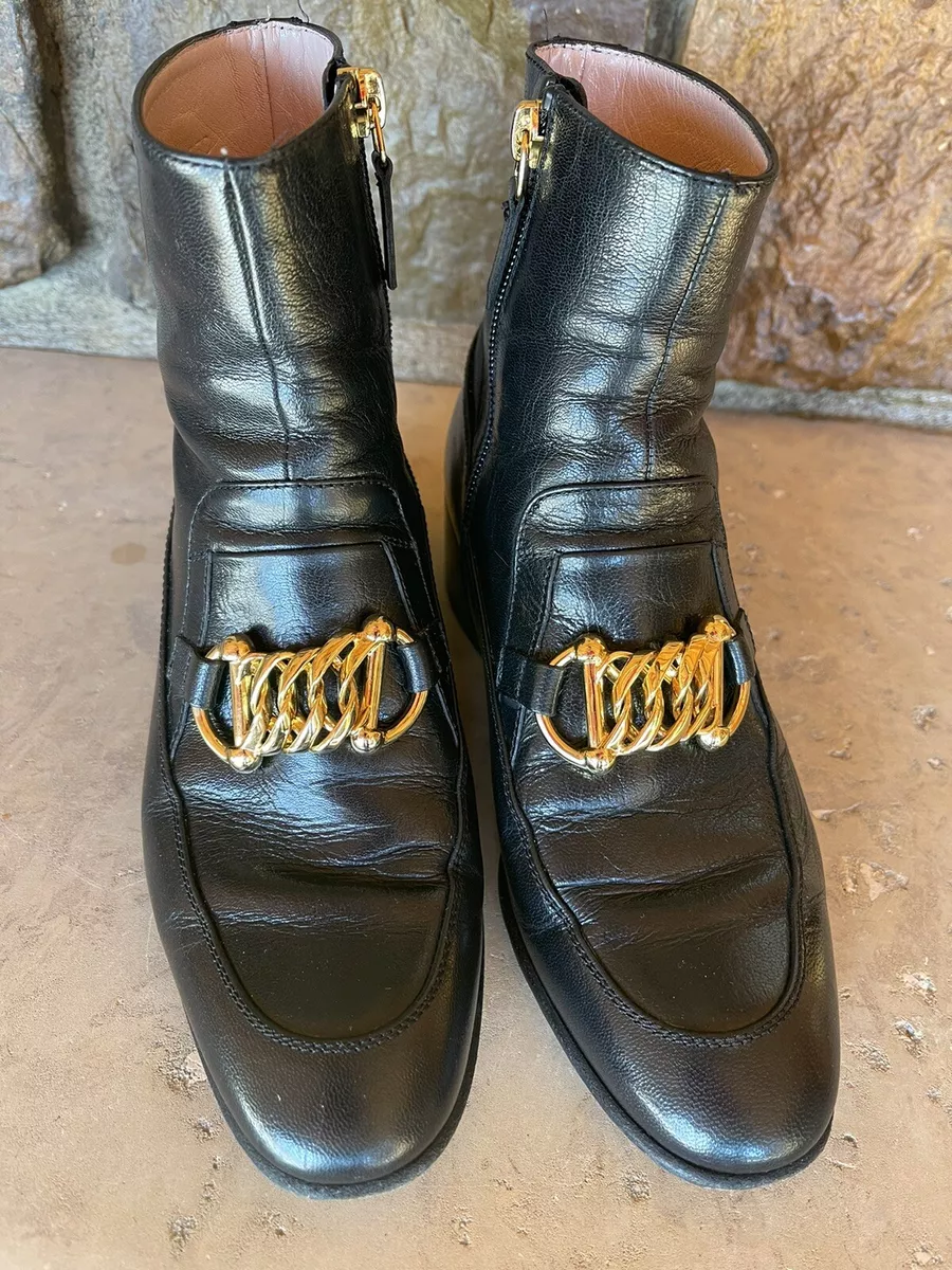 GUCCI BOOTS BLACK LEATHER GOLD CHAIN HORSEBIT 'KITTEN' HEEL $1,250 sz 35.5