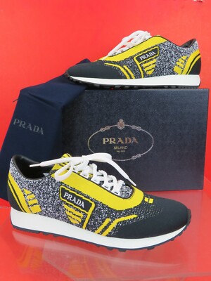 NIB PRADA 2EG272 YELLOW BLACK FABRIC KNIT LOGO LACE UP SNEAKERS 8.5  ITALY