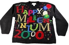 Vintage Annex Petite Happy Millennium 2000 New Year Sweater Black Sz PM