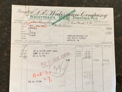 Waterman Invoice Oct 15 th 1927 New York Office USA