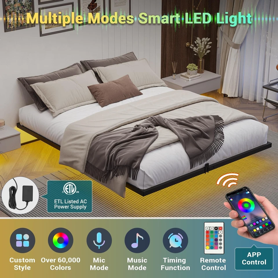 Armação de cama flutuante tamanho King Califórnia com luzes LED, estrutura de cama de metal, preta - Imagem 3 de 4