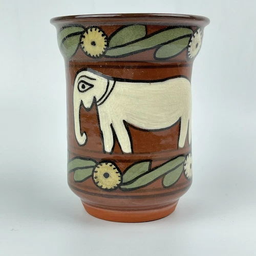 Vintage Folk Art Red Ware Pottery Mug Cup Planter Elephants Flowers