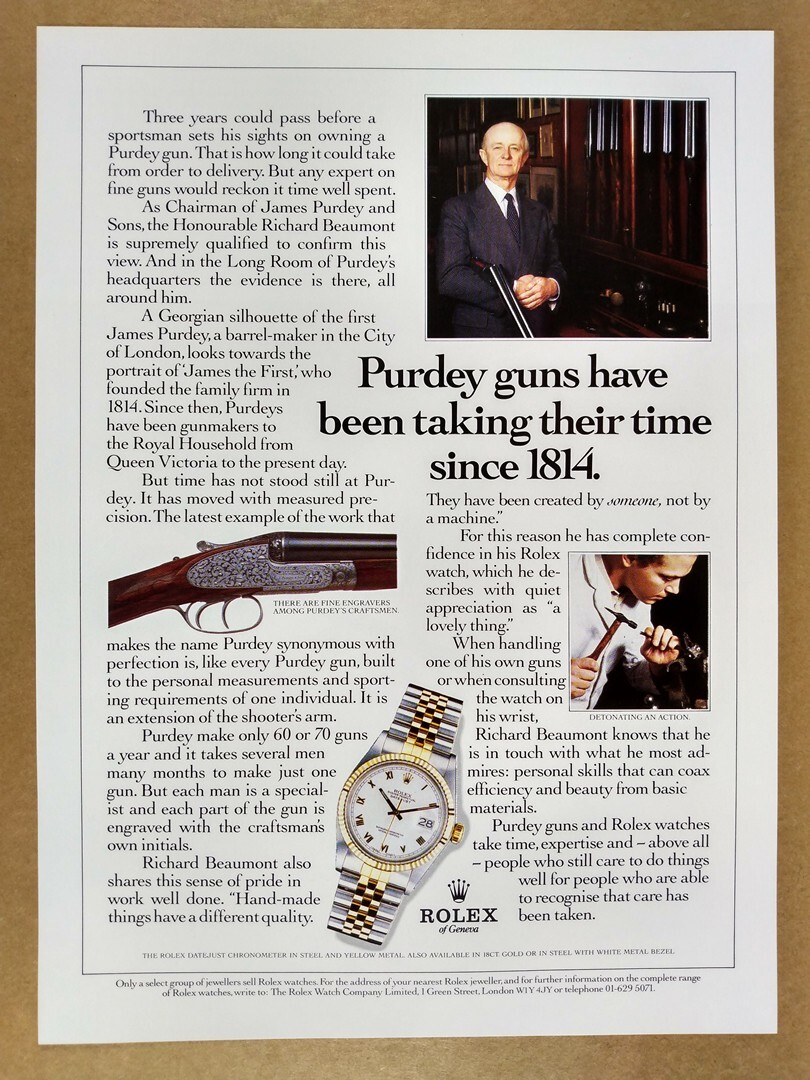 1987 Rolex Datejust Watch Purdey Gunmakers vintage print Ad