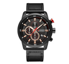 Montre + Boitier Curren avec bracelet en cuir noir et cadran noir¦Chronographe