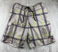 Quiksilver Board Shorts Mens Med Gray and Green Quick Dry Surf Swim Trunks