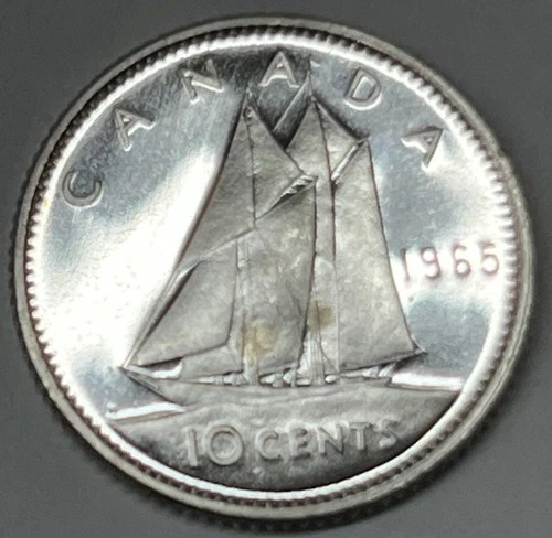 1965 Canada 10 Cent Proof Like Silver Coin. A Beautiful Crisp Bright Coin.