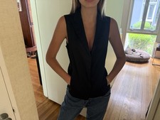 Theory Black Sleeveless Open Front Lined Coll...