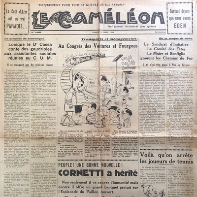 Zeitung LE CAMELEON 12.03.1938 Nizza # Eden # Cornetti # Barbillon de Murat #