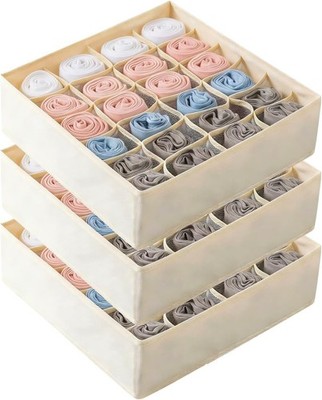 Beige 24 Grid 3 Pack Foldable Underwear Sock Storage Organizer Non-Woven Fabric